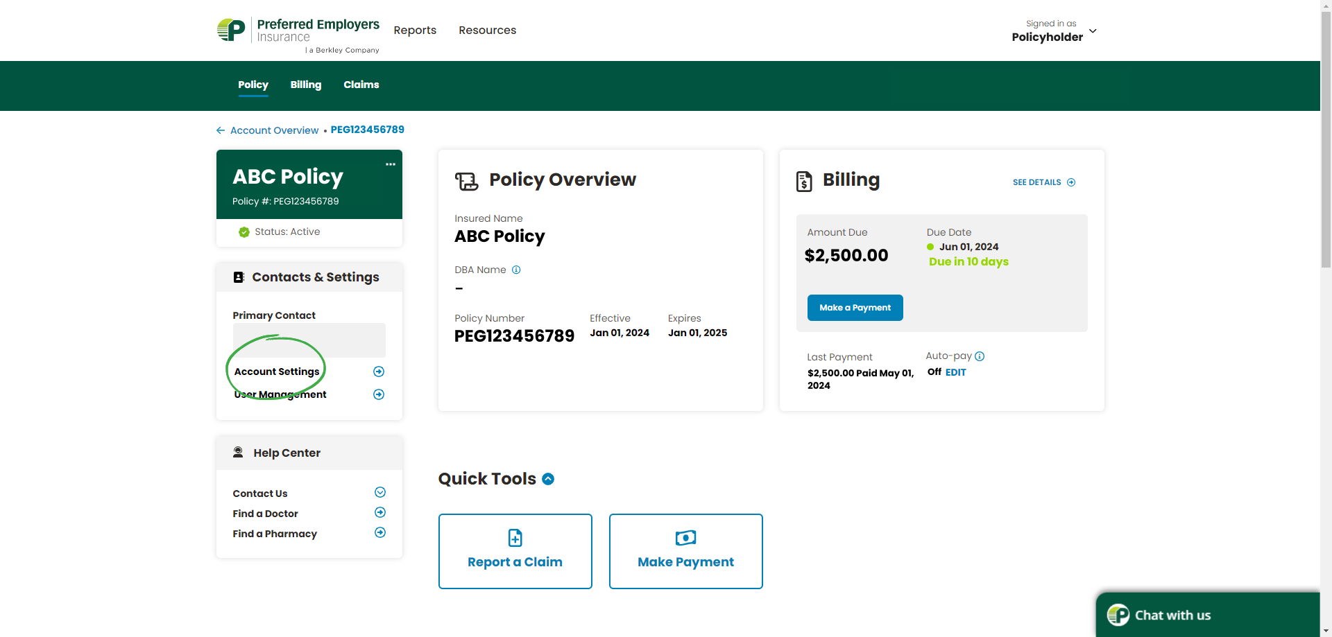 Snapshot of the Policy Overview Page in Customer Portal