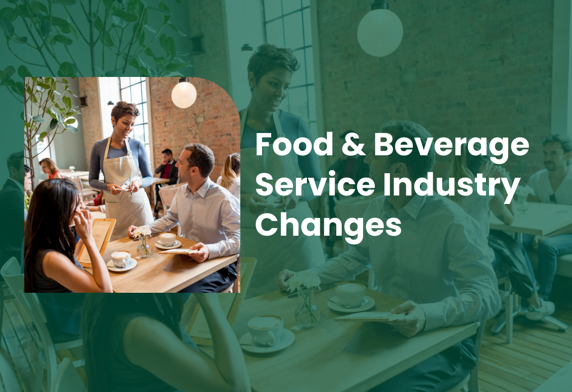 Waitress taking a table's order. Text says Food & Beverage Service Industry Changes