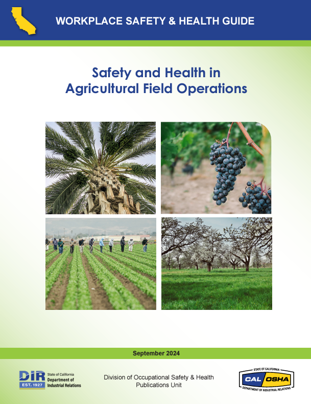 Cover of the Sept 2024 Safety and Health in Agricultural Field Operations Guide featuring four agricultural images 